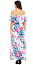 White Off Shoulder Blue Rosy Floral Ruffle Maxi Dress