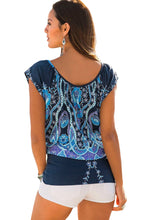 Blue Floral Print Bohemian Banded Hem Top