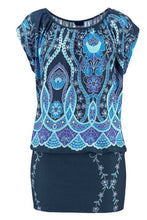 Blue Floral Print Bohemian Banded Hem Top