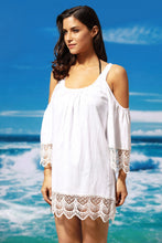 White Crochet Lace Crinkle Cold Shoulder Beach Cover Up