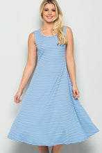 Striped Sky Blue Knit A-Line Stretchy Casual Tank Dress