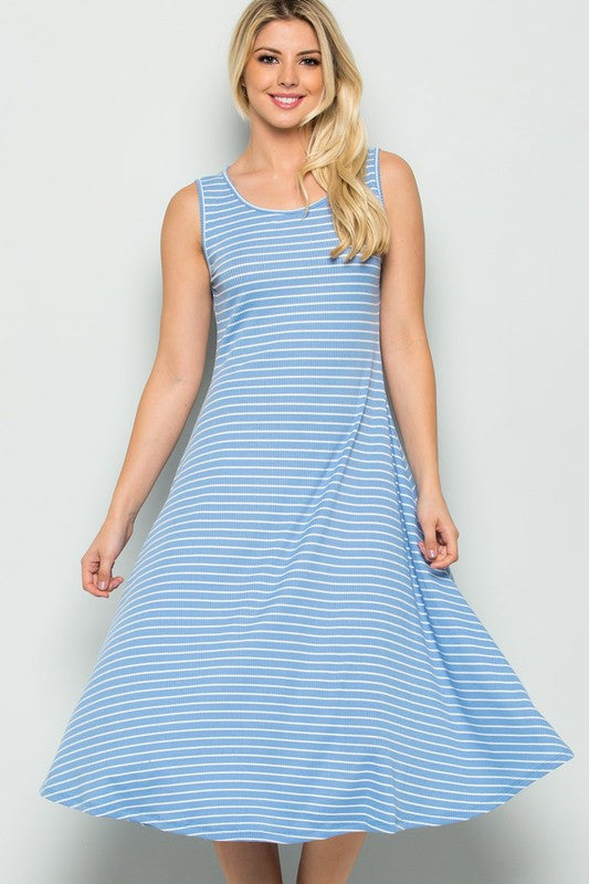 Striped Sky Blue Knit A-Line Stretchy Casual Tank Dress