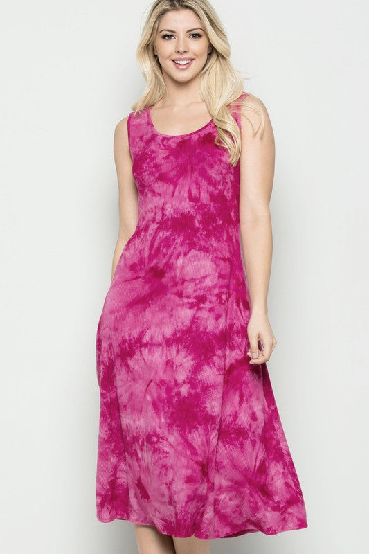 Tie Dye Stretchy Knit Tank Dress- Burgundy