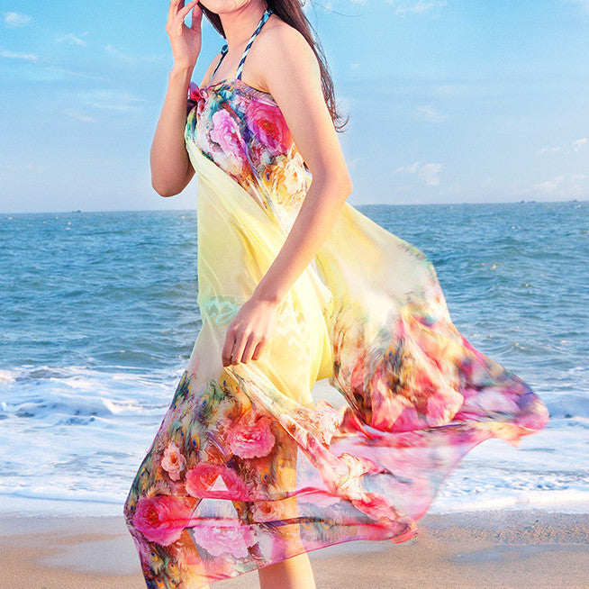 Large Floral Summer Beach Silk Shawl Scarf - Yellow