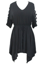 Black Lace Up Detail Half Sleeve Elastic Waist Knit Dress