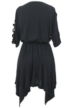 Black Lace Up Detail Half Sleeve Elastic Waist Knit Dress