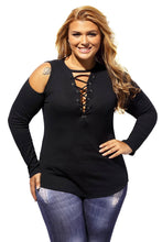Black Crisscross V-neck Cold Shoulder Long Sleeve Ribbed Top