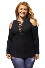 Black Crisscross V-neck Cold Shoulder Long Sleeve Ribbed Top
