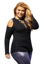 Black Crisscross V-neck Cold Shoulder Long Sleeve Ribbed Top