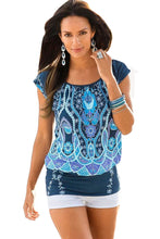 Blue Floral Print Bohemian Banded Hem Top
