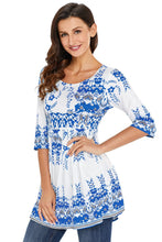 Blue Floral Print White 3/4 Sleeve Stretch Tunic Top