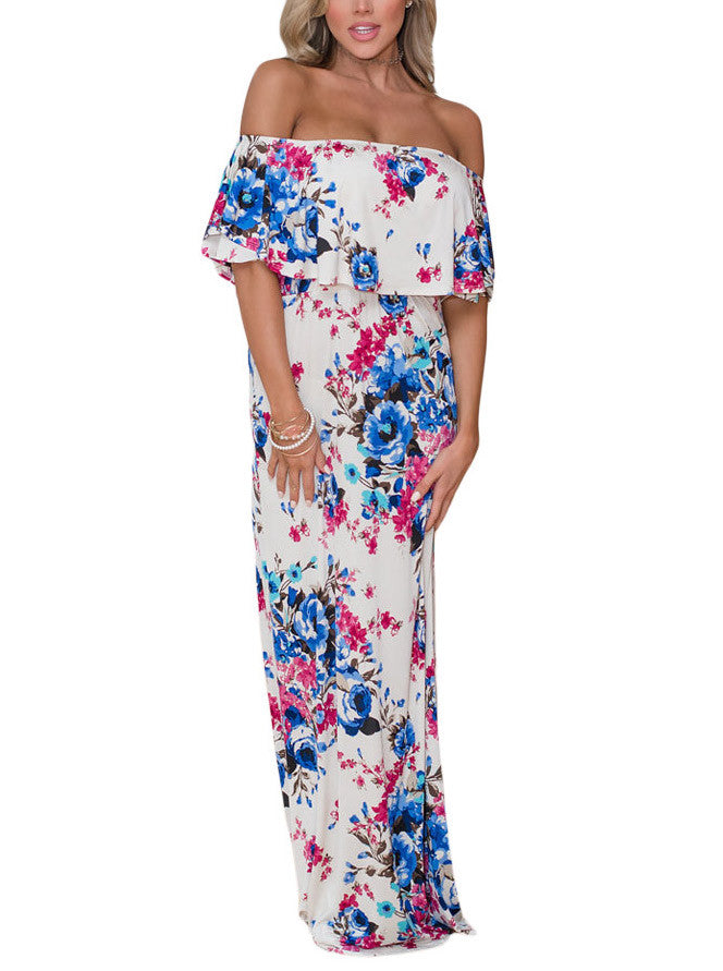 White Off Shoulder Blue Rosy Floral Ruffle Maxi Dress