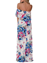 White Off Shoulder Blue Rosy Floral Ruffle Maxi Dress