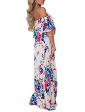 White Off Shoulder Blue Rosy Floral Ruffle Maxi Dress
