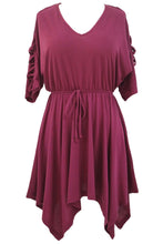 Burgundy Lace Up Detail Half Sleeve Elastic Waist Dress
