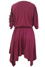 Burgundy Lace Up Detail Half Sleeve Elastic Waist Dress