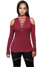 Burgundy Crisscross V-neck Cold Shoulder Long Sleeve Ribbed Top