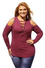 Burgundy Crisscross V-neck Cold Shoulder Long Sleeve Ribbed Top