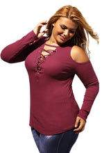 Burgundy Crisscross V-neck Cold Shoulder Long Sleeve Ribbed Top