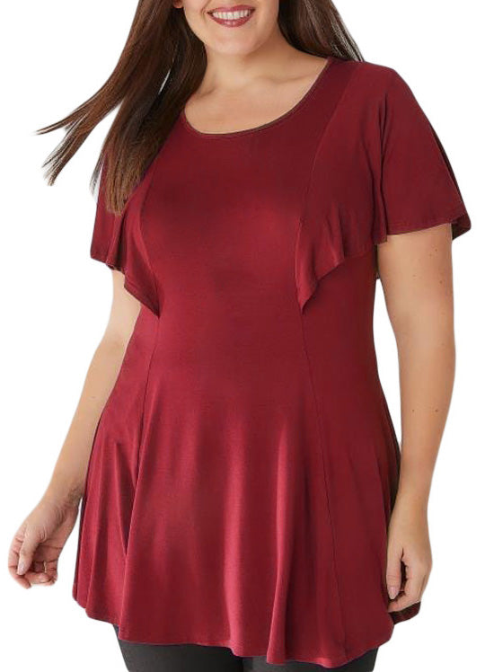 Burgundy Peplum Tunic Top with Angel Sleeves- Plus Size