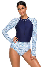 Navy and White Printed Zip Front Long Sleeve Rash Guard One Piece Swimsuit