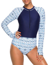 Navy and White Printed Zip Front Long Sleeve Rash Guard One Piece Swimsuit