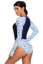Navy and White Printed Zip Front Long Sleeve Rash Guard One Piece Swimsuit