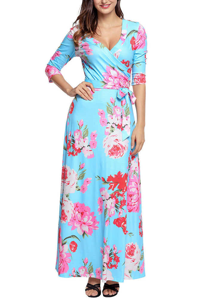 blue and pink wrap dress Plus Size Floral Faux Wrap Dress In Blue Multi