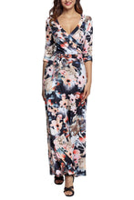Multi Dark Floral 3/4 Sleeve Wrapped Belted Maxi Dress
