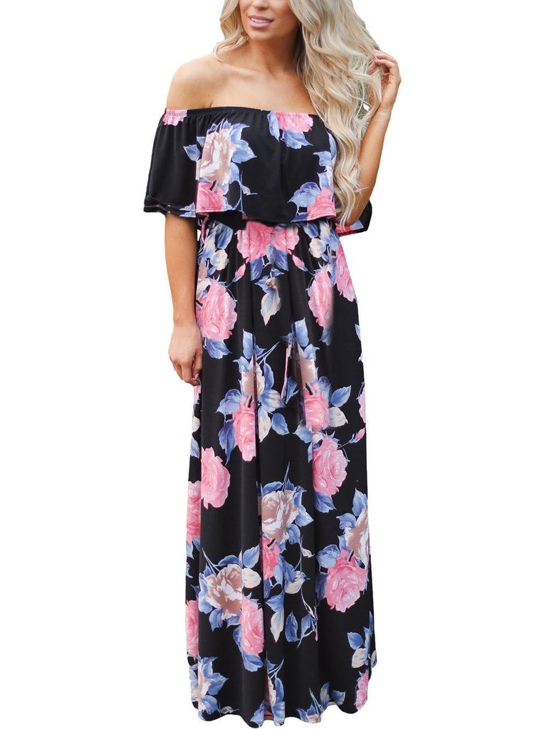 Off Shoulder Black Floral Print Slit Maxi Dress for Women main image 0