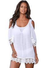 White Crochet Lace Crinkle Cold Shoulder Beach Cover Up
