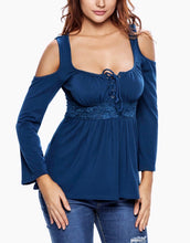 Blue Teal Lace Up Cold Shoulder Long Sleeve Stretchy Knit Top