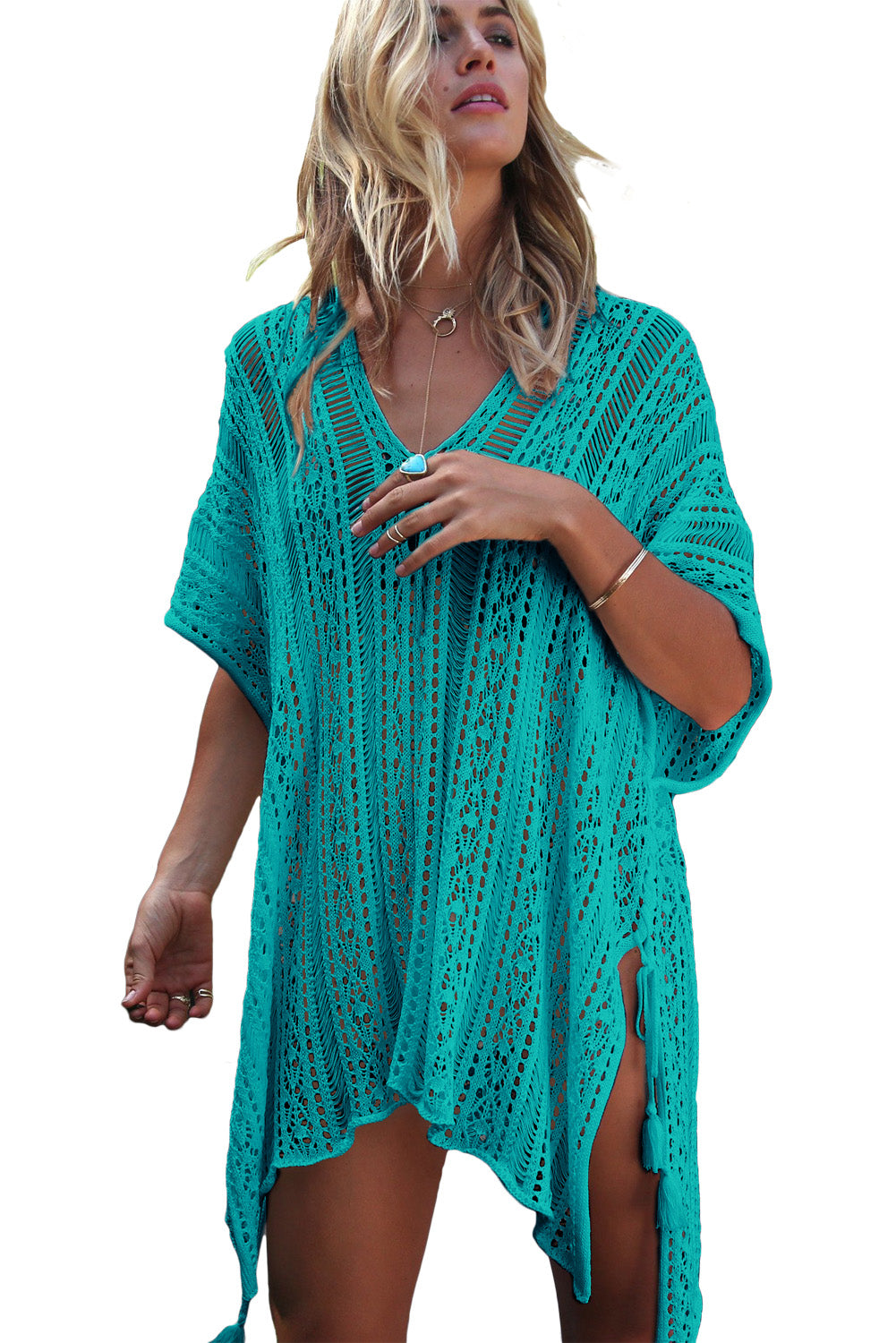 Dark Mint Crochet Knitted Tassel Tie Kimono Beachwear Cover Up