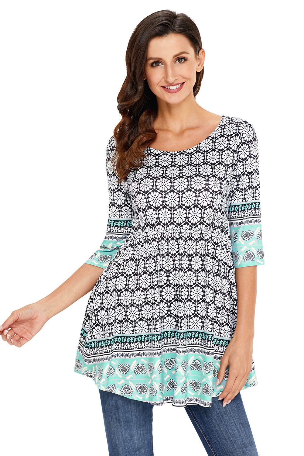 Mint Splice Accent Floral Print 3/4 Sleeve Stretch Tunic Top