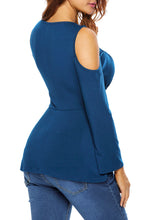 Blue Teal Lace Up Cold Shoulder Long Sleeve Stretchy Knit Top