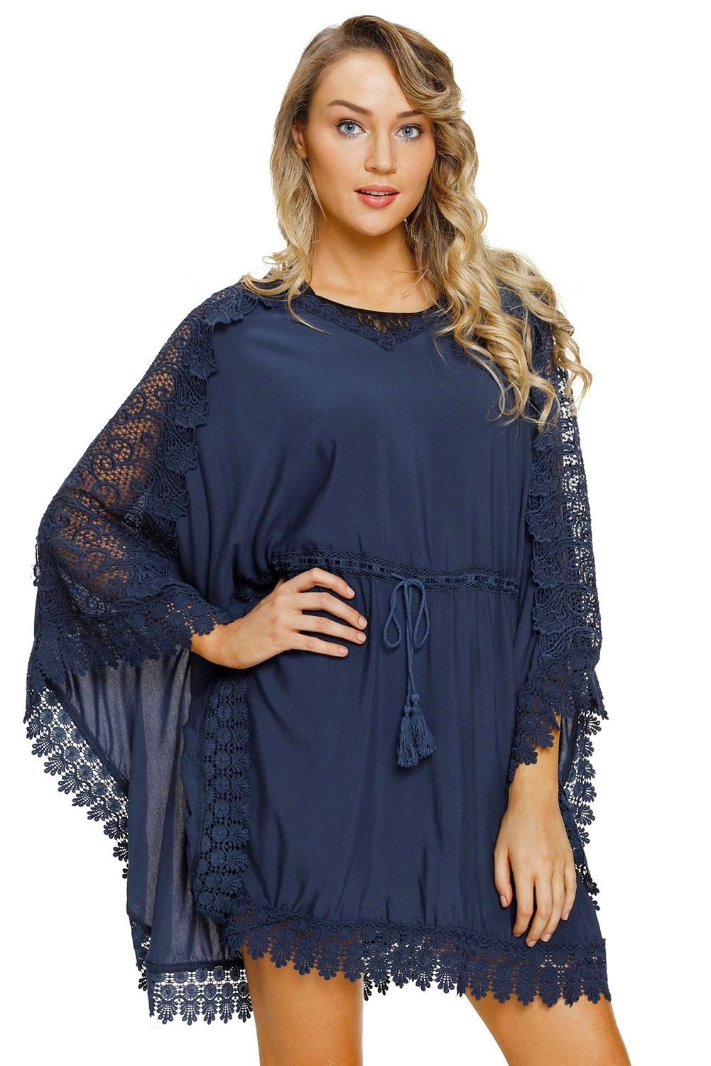 Navy Crochet Lace Kaftan Beach Cover Up