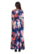 Navy Floral Print 3/4 Sleeve Wrapped Belted Maxi Dress