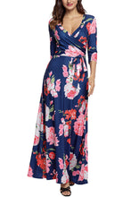 Navy Floral Print 3/4 Sleeve Wrapped Belted Maxi Dress