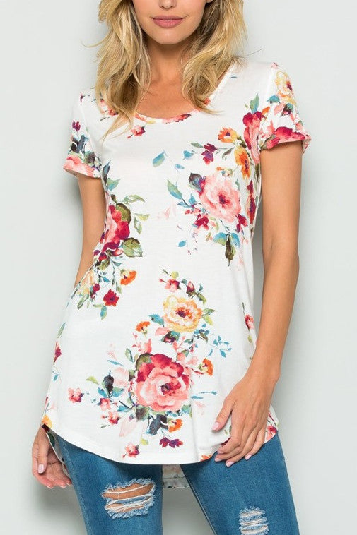 High Low Short Sleeve Ivory Floral Knit Top