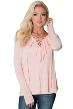 Black or Pink Crisscross V-Neck Ruffle Detail Long Sleeve Top