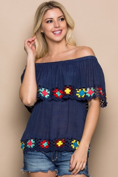 Navy Crochet Lace Off Shoulder Top