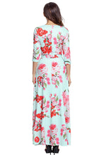 Light Green & Pink Floral Wrap 3/4 Sleeve Maxi Dress