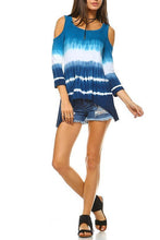 Blue & White Tie-Dye 3/4 Sleeve Cold Shoulder Top