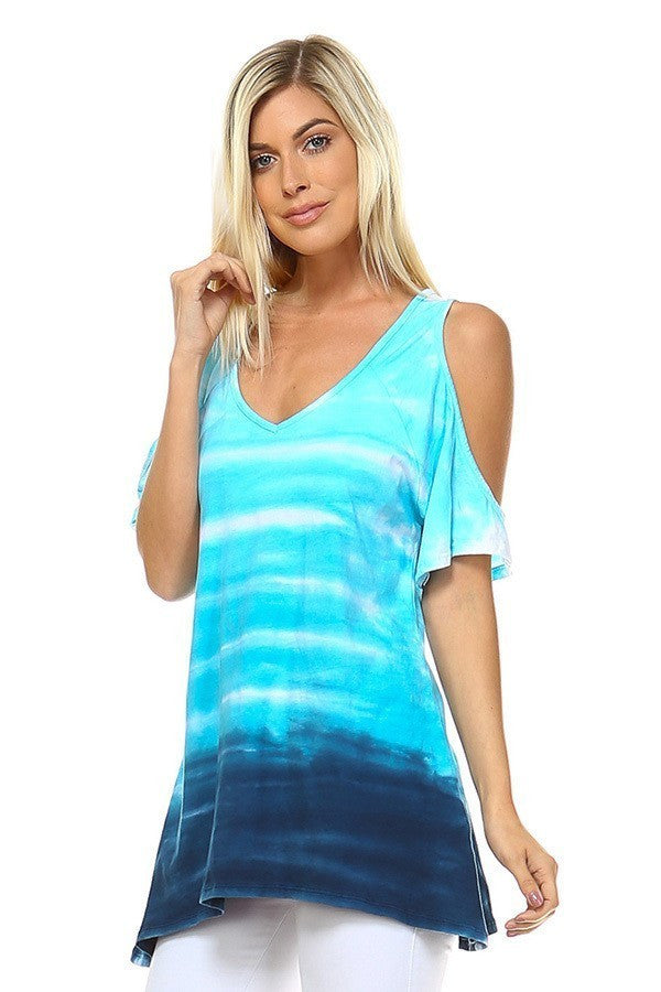 Aquamarine Tie Dye Cold Shoulder Tunic top