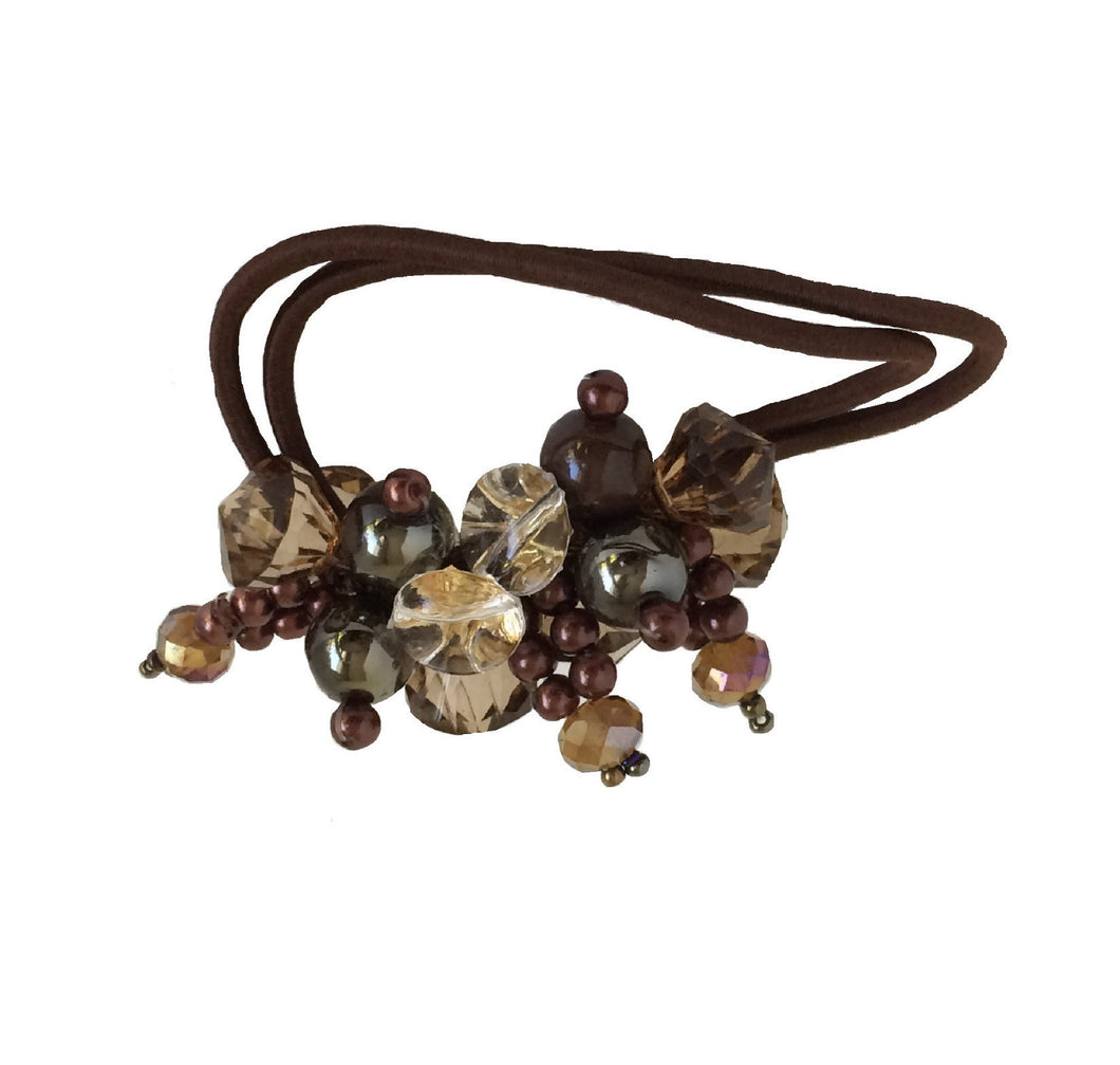 Rhinestone Crystal Pearls Hair Ponytail Holder Band - Dark Brown