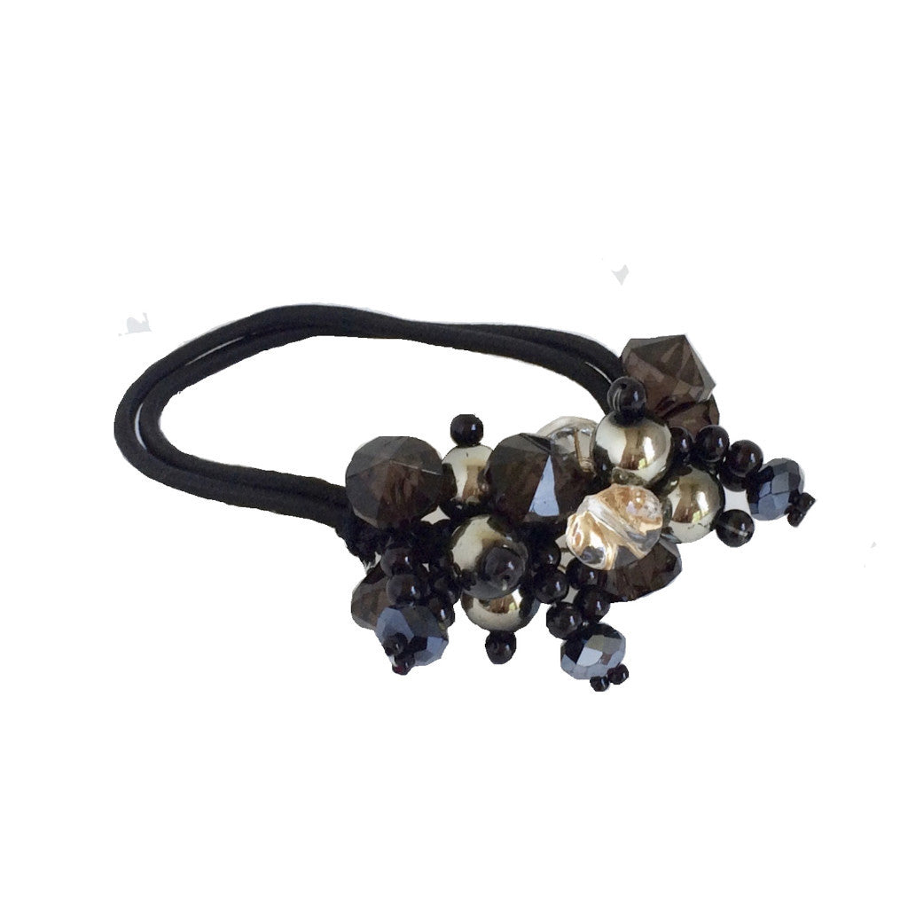 Crystals Pearls Hair Ponytail Holder Band - Black