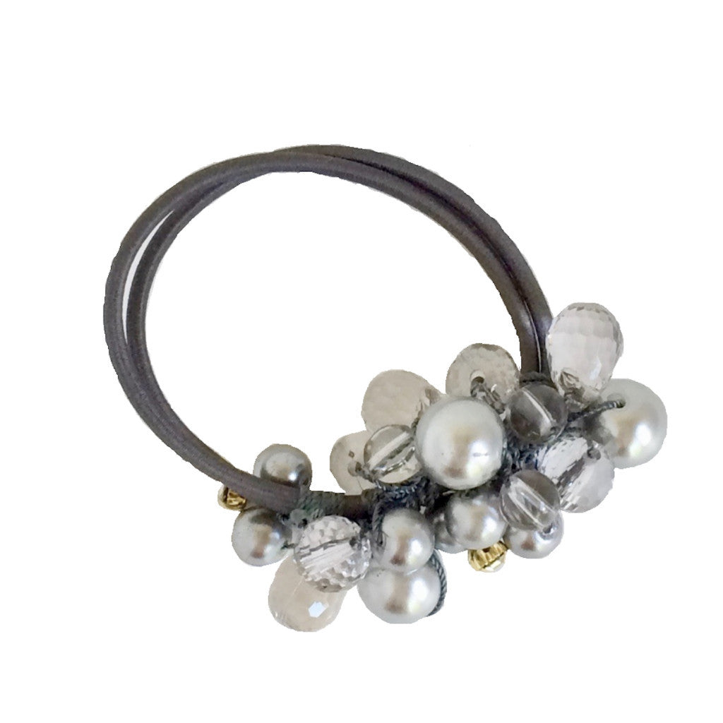 Crystals Pearls Hair Ponytail Holder Band - Gray Silver