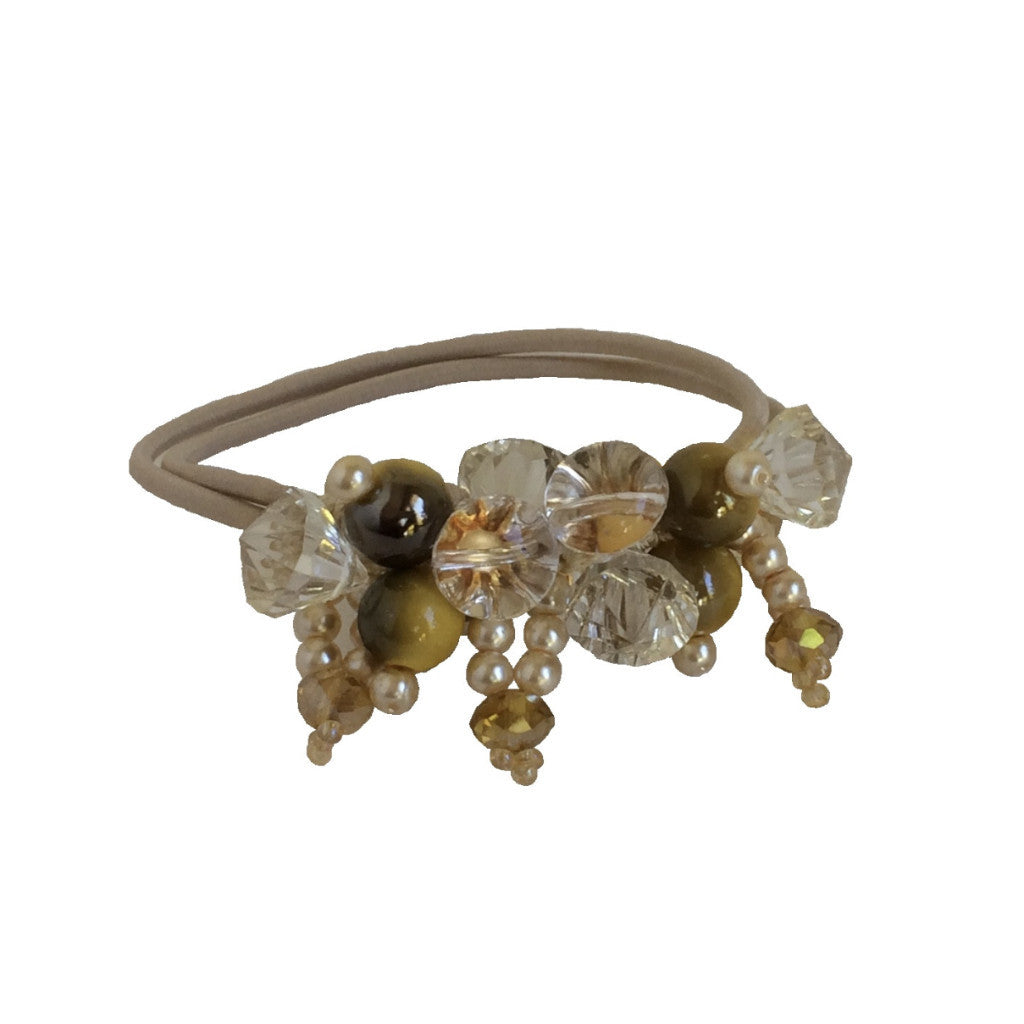 Rhinestone Crystals Pearls Hair Ponytail Holder Band - Beige
