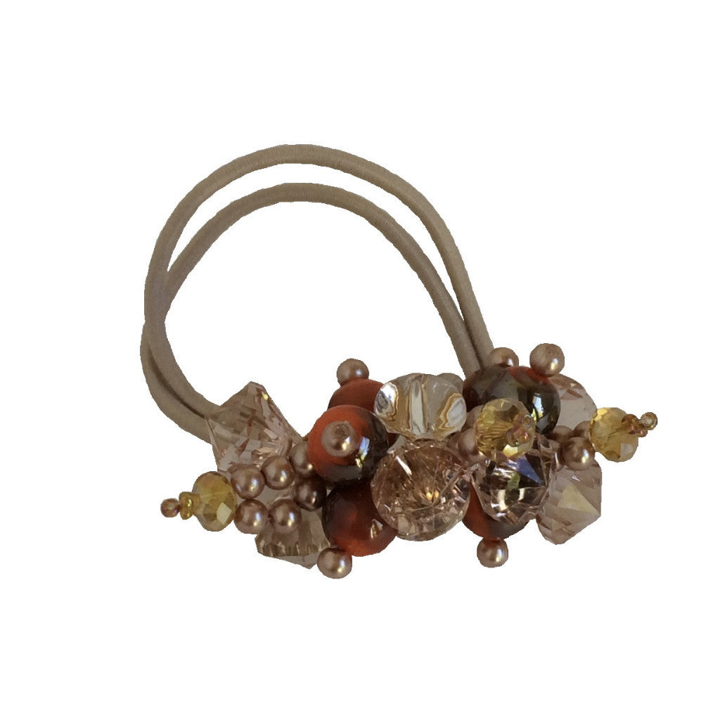Rhinestone Crystals Pearls Hair Ponytail Holder Band - Beige with Orange