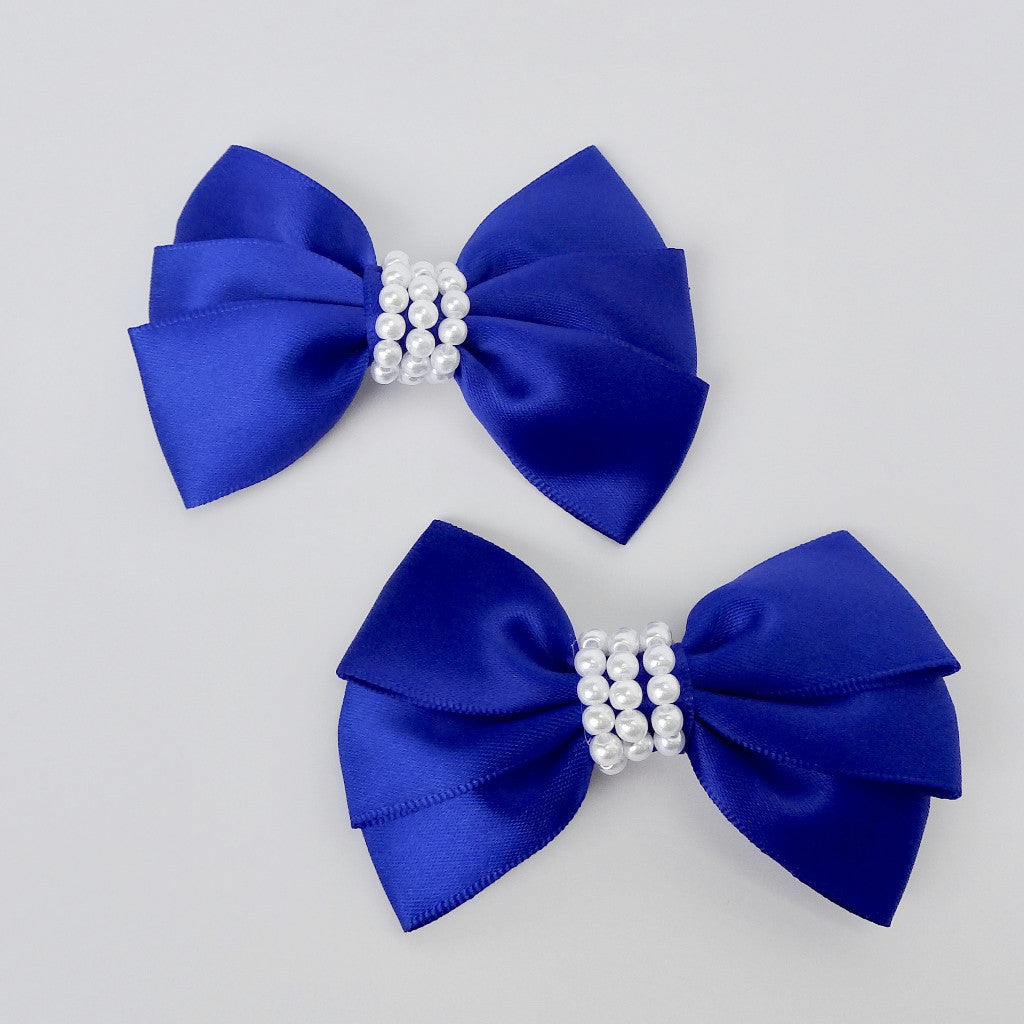 Girls Set of 2 Satin Hair Bow Clips 3” Long- Royal Blue